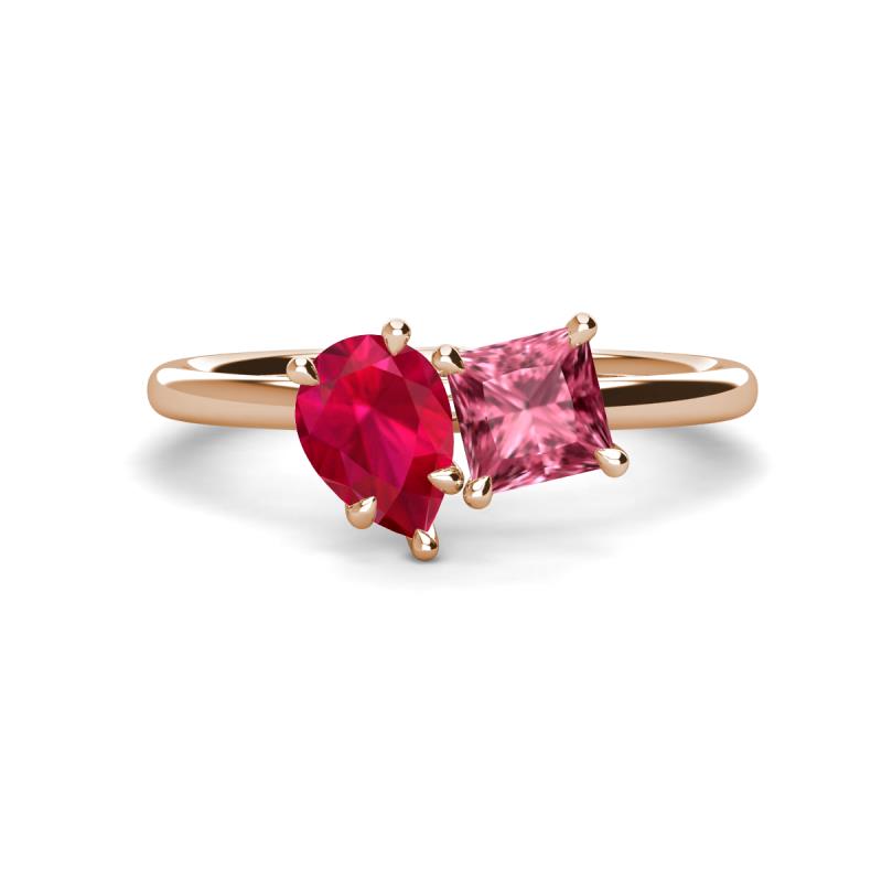 Zoya Pear Shape Ruby & Princess Shape Pink Tourmaline 2 Stone Duo Ring 