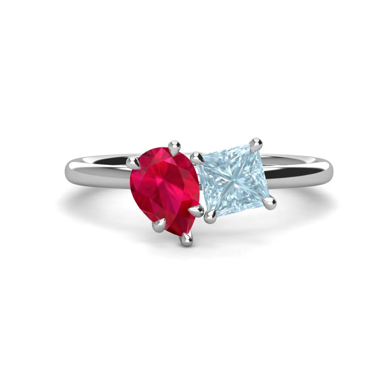Zoya Pear Shape Ruby & Princess Shape Aquamarine 2 Stone Duo Ring 
