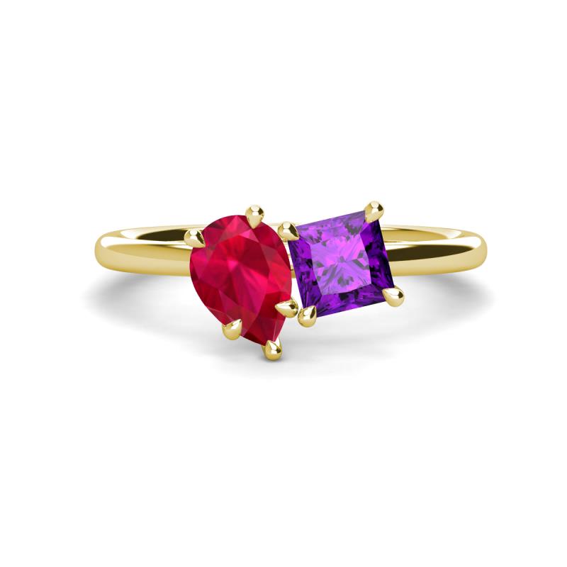Zoya Pear Shape Ruby & Princess Shape Amethyst 2 Stone Duo Ring 