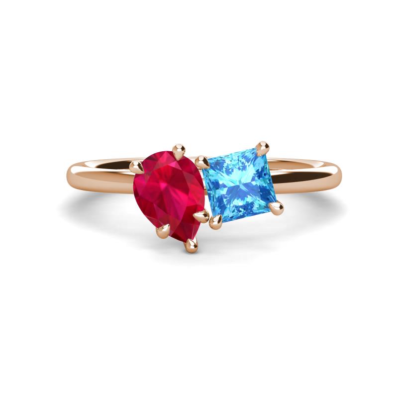 Zoya Pear Shape Ruby & Princess Shape Blue Topaz 2 Stone Duo Ring 
