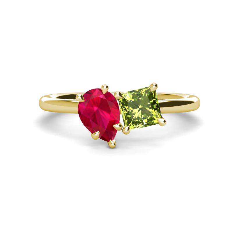 Zoya Pear Shape Ruby & Princess Shape Peridot 2 Stone Duo Ring 