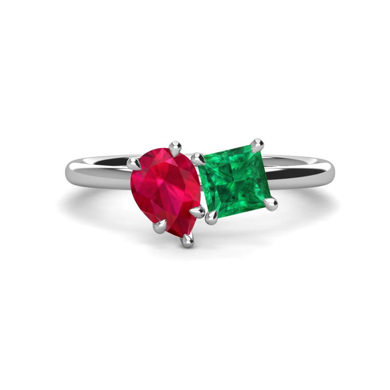 Zoya Pear Shape Ruby & Princess Shape Lab Created Emerald 2 Stone Duo Ring 