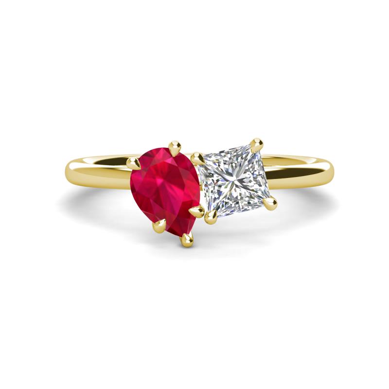 Zoya Pear Shape Ruby & Princess Shape Forever One Moissanite 2 Stone Duo Ring 