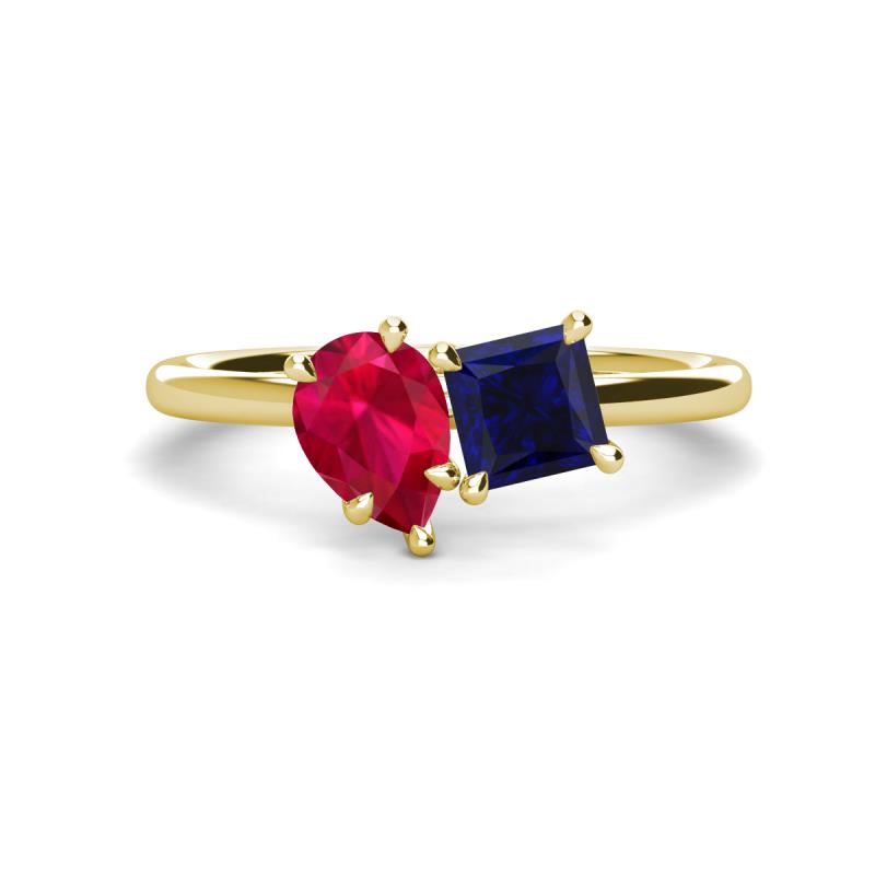 Zoya Pear Shape Ruby & Princess Shape Lab Created Blue Sapphire 2 Stone Duo Ring 