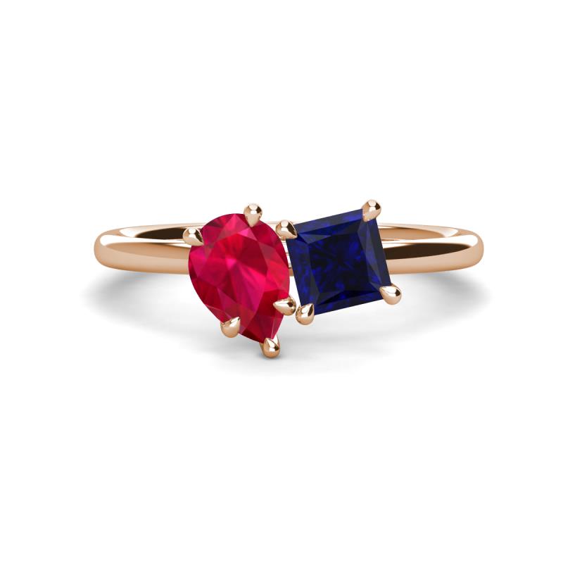 Zoya Pear Shape Ruby & Princess Shape Lab Created Blue Sapphire 2 Stone Duo Ring 