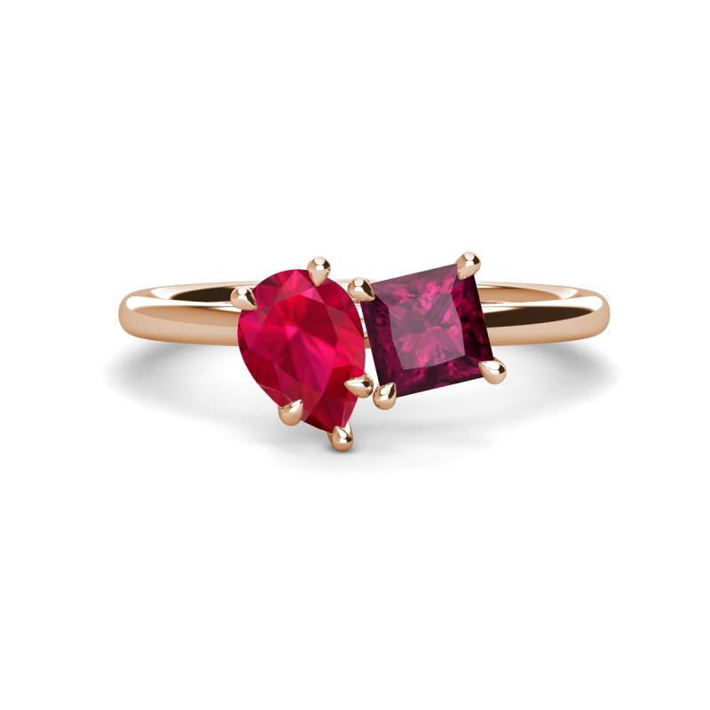 Zoya Pear Shape Ruby & Princess Shape Rhodolite Garnet 2 Stone Duo Ring 