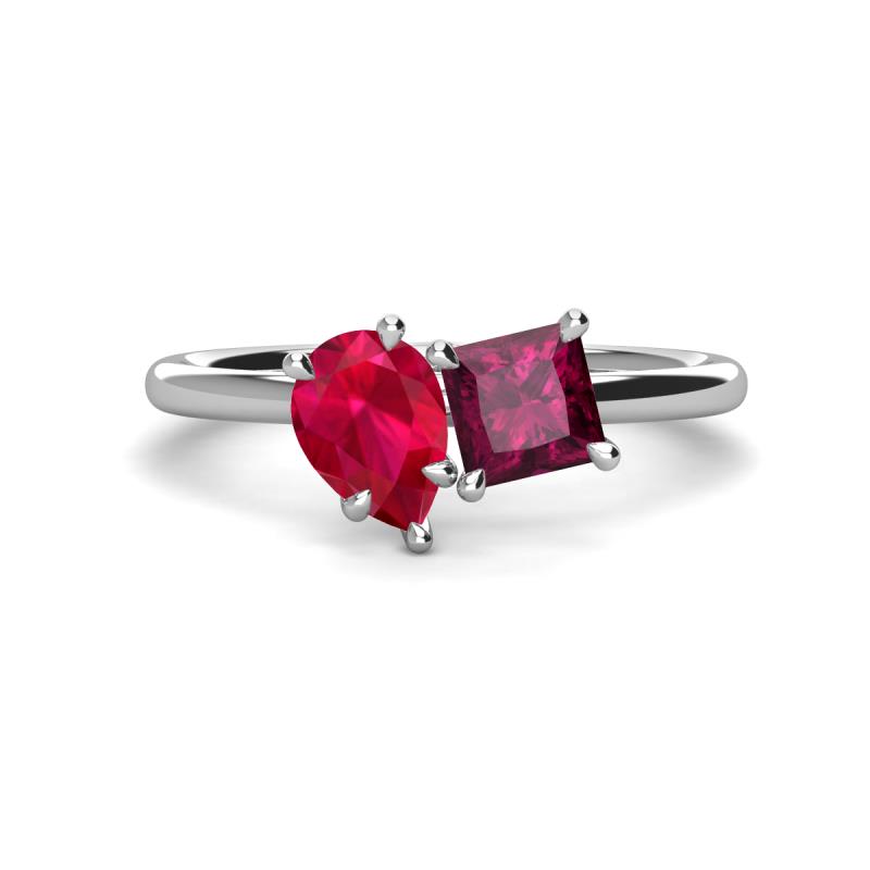 Zoya Pear Shape Ruby & Princess Shape Rhodolite Garnet 2 Stone Duo Ring 