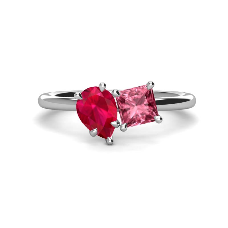 Zoya Pear Shape Ruby & Princess Shape Pink Tourmaline 2 Stone Duo Ring 