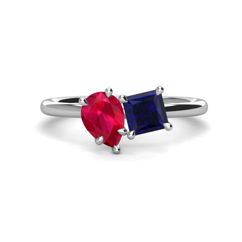 Zoya Pear Shape Ruby & Princess Shape Lab Created Blue Sapphire 2 Stone Duo Ring 