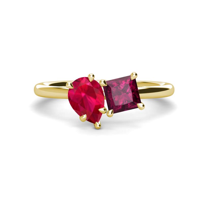 Zoya Pear Shape Ruby & Princess Shape Rhodolite Garnet 2 Stone Duo Ring 