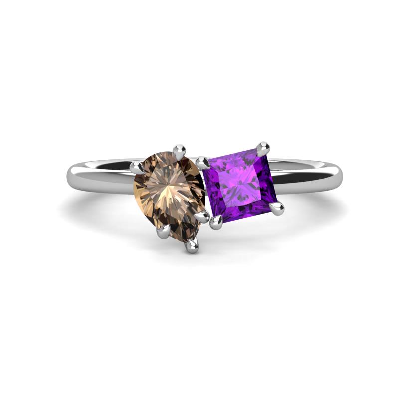 Zoya Pear Shape Smoky Quartz & Princess Shape Amethyst 2 Stone Duo Ring 