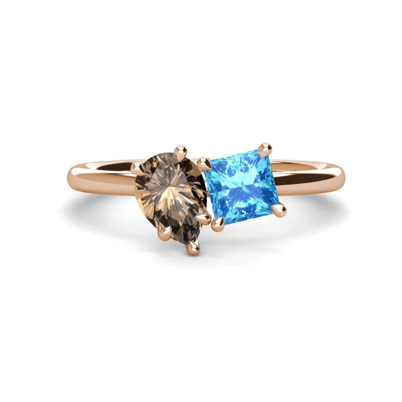 Zoya Pear Shape Smoky Quartz & Princess Shape Blue Topaz 2 Stone Duo Ring 