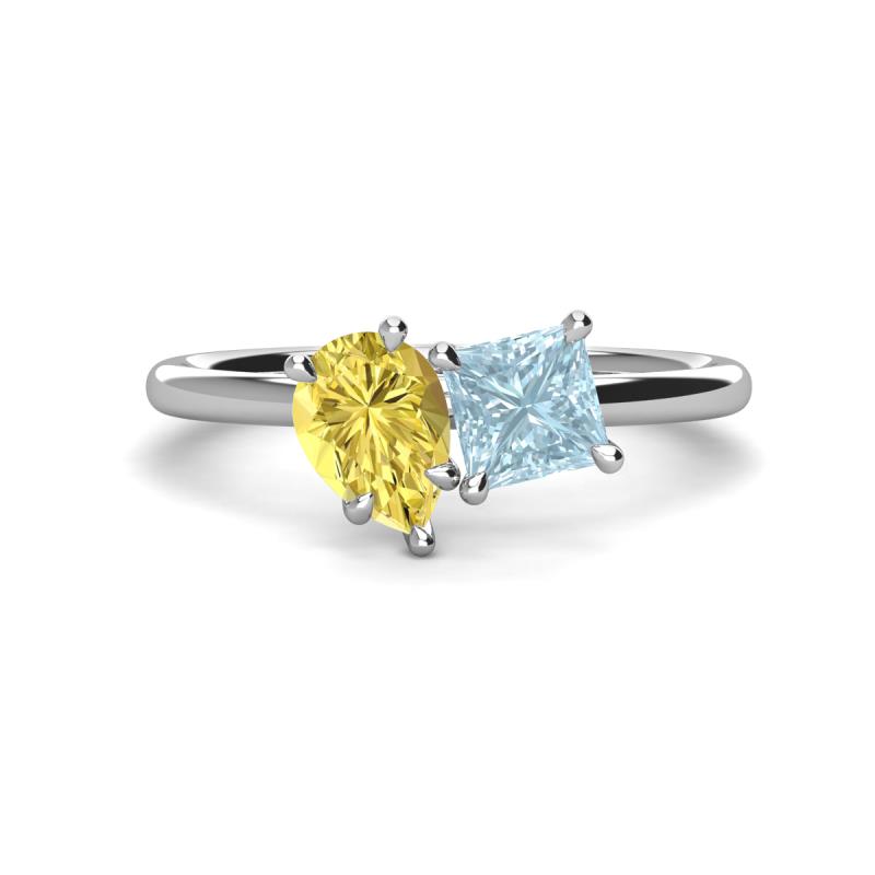 Zoya Pear Shape Yellow Sapphire & Princess Shape Aquamarine 2 Stone Duo Ring 