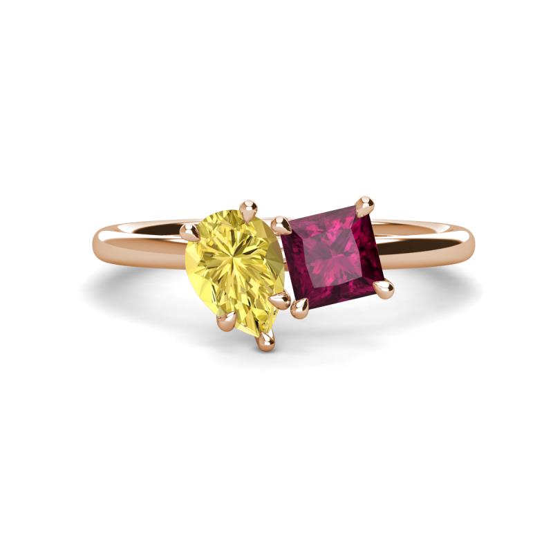 Zoya Pear Shape Yellow Sapphire & Princess Shape Rhodolite Garnet 2 Stone Duo Ring 