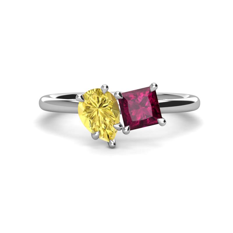 Zoya Pear Shape Yellow Sapphire & Princess Shape Rhodolite Garnet 2 Stone Duo Ring 