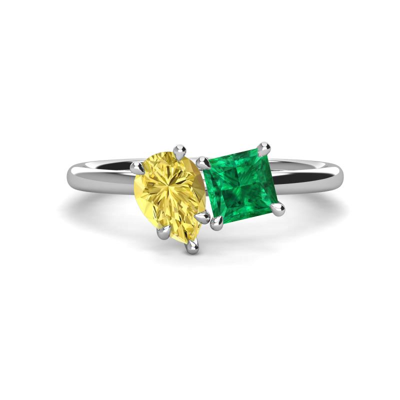 Zoya Pear Shape Yellow Sapphire & Princess Shape Lab Created Emerald 2 Stone Duo Ring 