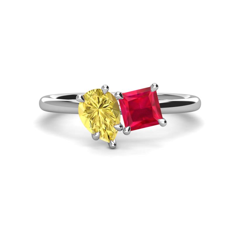 Zoya Pear Shape Yellow Sapphire & Princess Shape Lab Created Ruby 2 Stone Duo Ring 