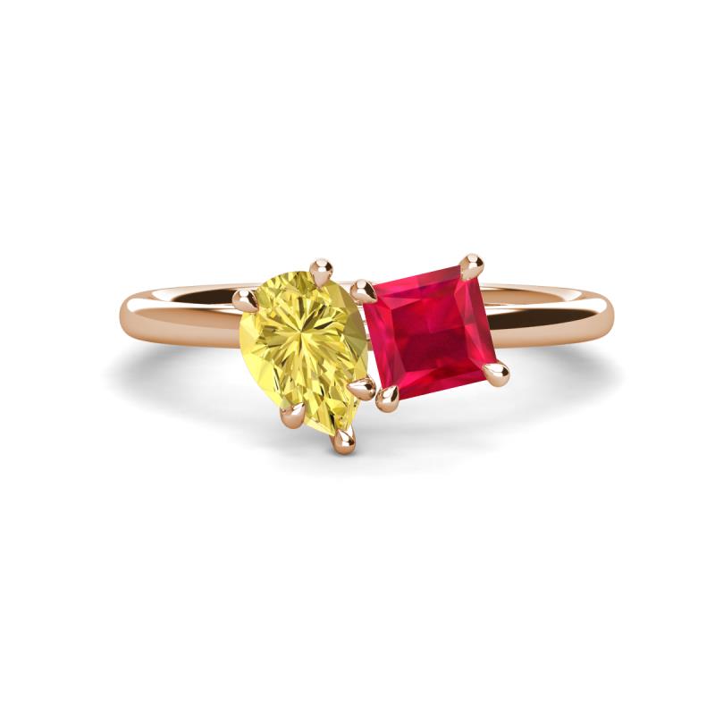 Zoya Pear Shape Yellow Sapphire & Princess Shape Lab Created Ruby 2 Stone Duo Ring 