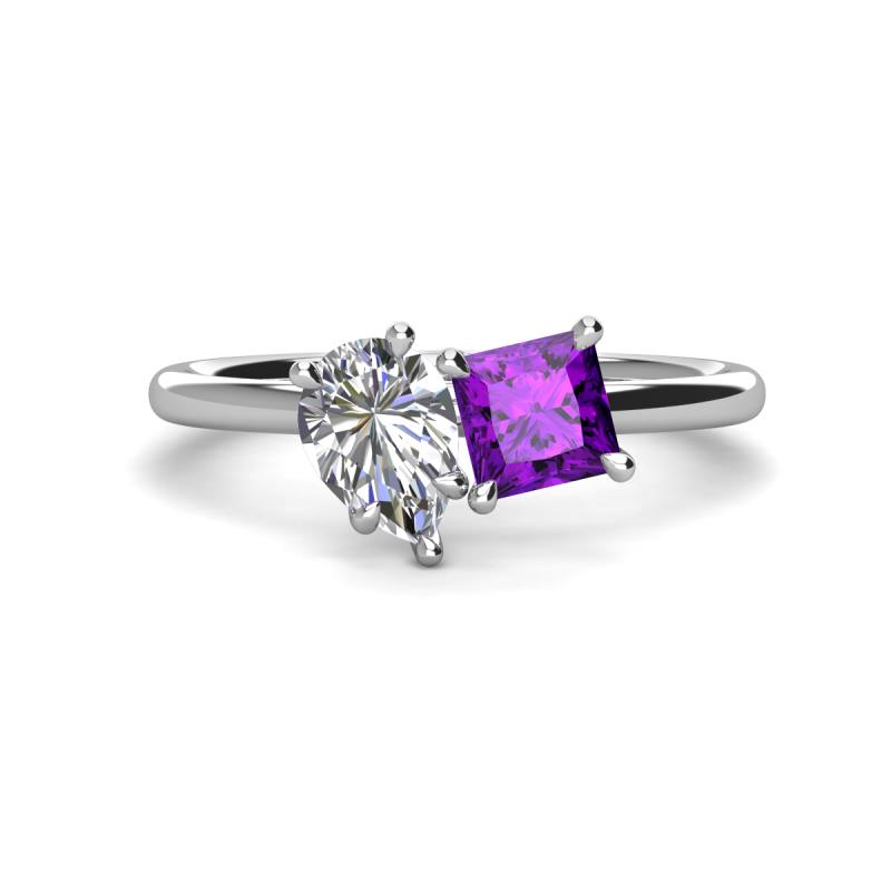 Zoya Pear Shape Forever Brilliant Moissanite & Princess Shape Amethyst 2 Stone Duo Ring 