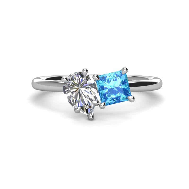 Zoya Pear Shape Forever One Moissanite & Princess Shape Blue Topaz 2 Stone Duo Ring 