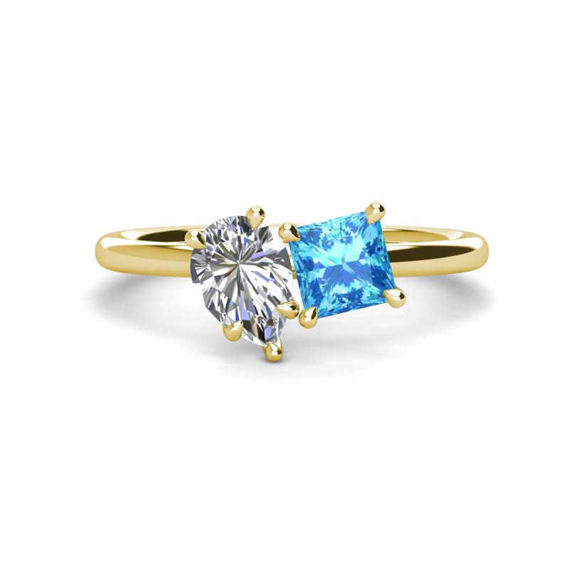 Zoya Pear Shape Forever One Moissanite & Princess Shape Blue Topaz 2 Stone Duo Ring 