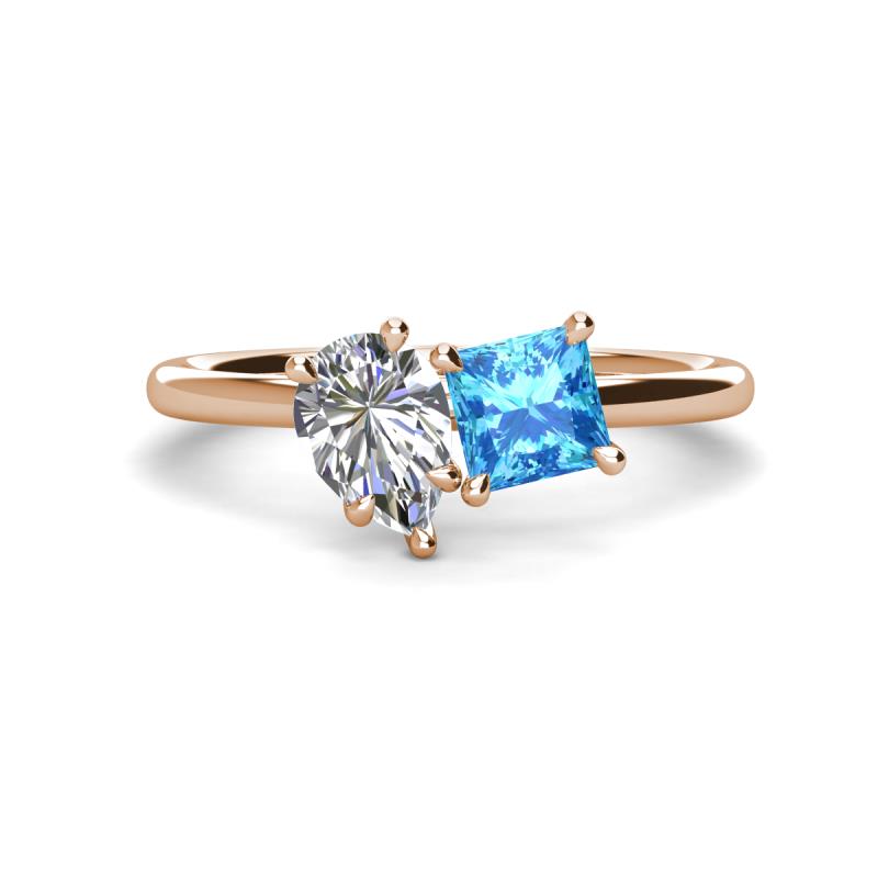 Zoya Pear Shape Forever One Moissanite & Princess Shape Blue Topaz 2 Stone Duo Ring 