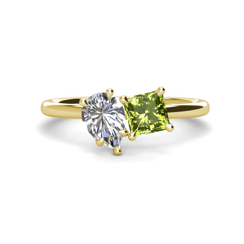 Zoya Pear Shape Forever One Moissanite & Princess Shape Peridot 2 Stone Duo Ring 