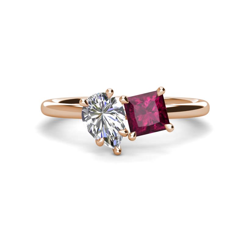 Zoya Pear Shape Forever Brilliant Moissanite & Princess Shape Rhodolite Garnet 2 Stone Duo Ring 
