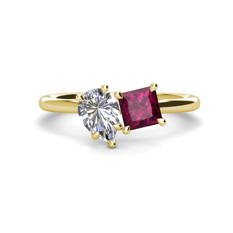Zoya Pear Shape Forever One Moissanite & Princess Shape Rhodolite Garnet 2 Stone Duo Ring 