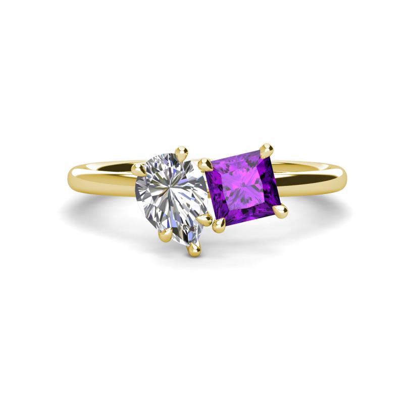 Zoya Pear Shape GIA Certified Diamond & Princess Shape Amethyst 2 Stone Duo Ring 