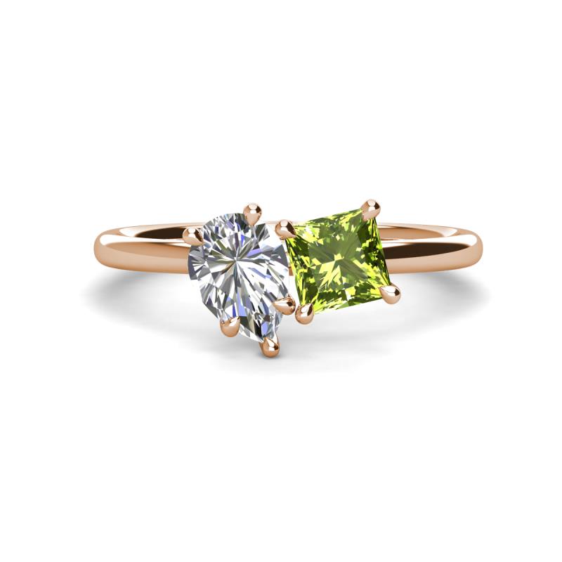 Zoya Pear Shape GIA Certified Diamond & Princess Shape Peridot 2 Stone Duo Ring 