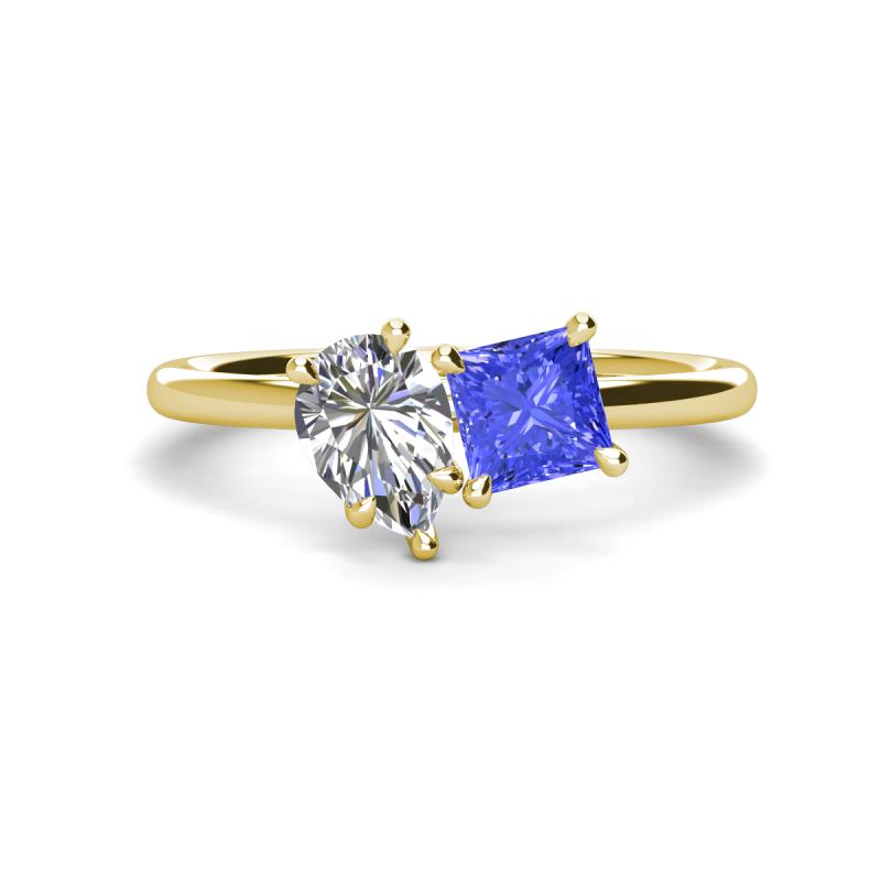 Zoya Pear Shape GIA Certified Diamond & Princess Shape Tanzanite 2 Stone Duo Ring 