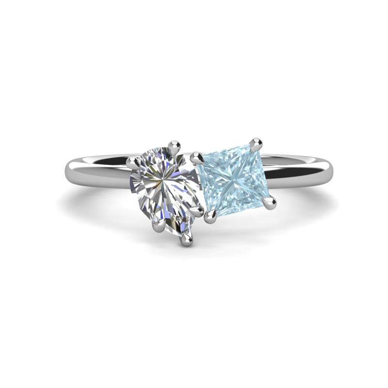 Zoya Pear Shape GIA Certified Diamond & Princess Shape Aquamarine 2 Stone Duo Ring 