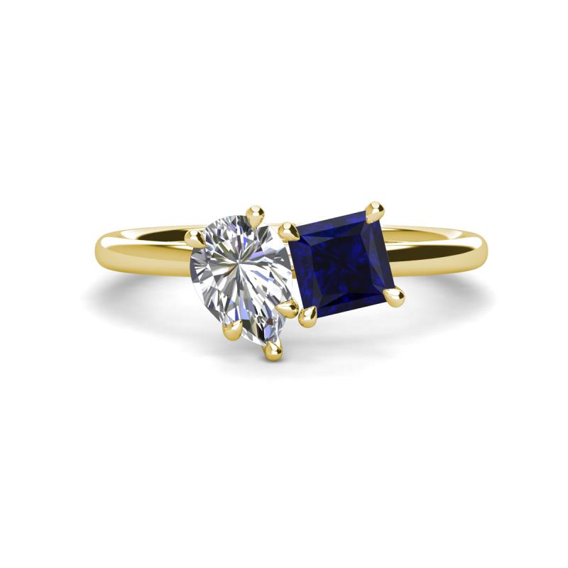 Zoya Pear Shape Certified Lab Grown Diamond & Princess Shape Lab Created Blue Sapphire 2 Stone Duo Ring 