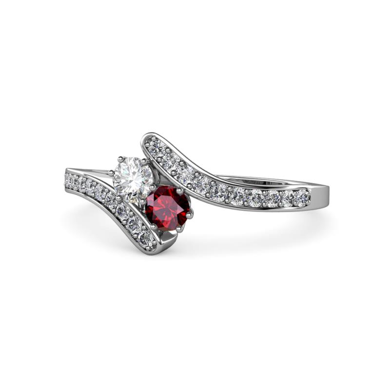 Eleni Round Lab Grown Diamond and Ruby with Side Diamonds Bypass Ring 