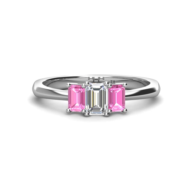 Daria 6x4 mm Emerald Cut Diamond and Pink Sapphire Side Gallery Work Three Stone Engagement Ring 