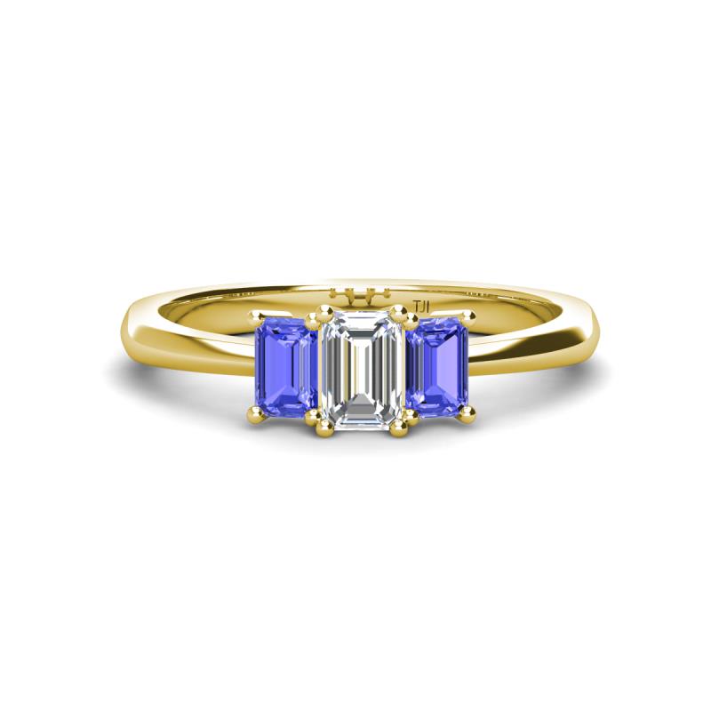 Daria 6x4 mm Emerald Cut Diamond and Tanzanite Side Gallery Work Three Stone Engagement Ring 