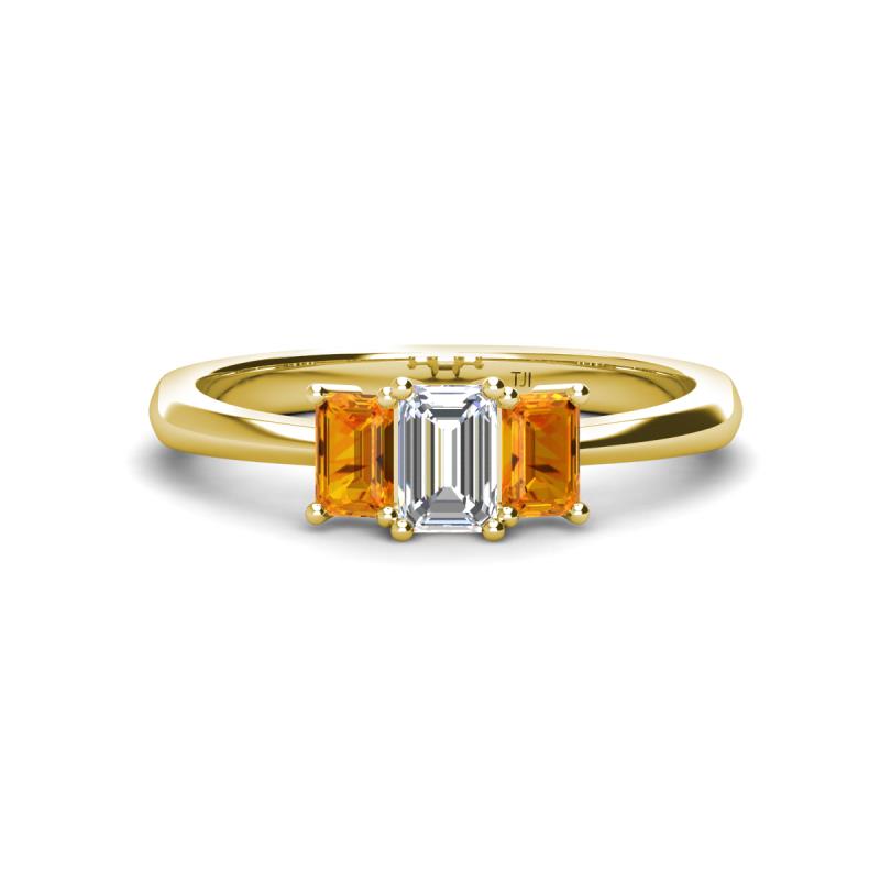 Daria 6x4 mm Emerald Cut Diamond and Citrine Side Gallery Work Three Stone Engagement Ring 