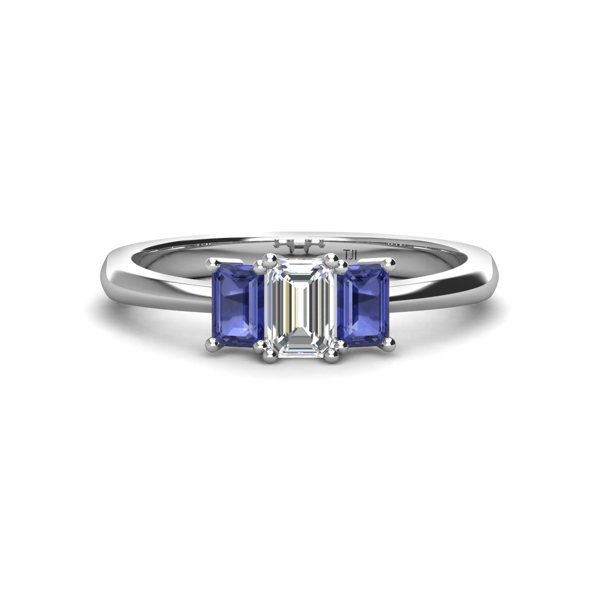 Daria 6x4 mm Emerald Cut Diamond and Iolite Side Gallery Work Three Stone Engagement Ring 