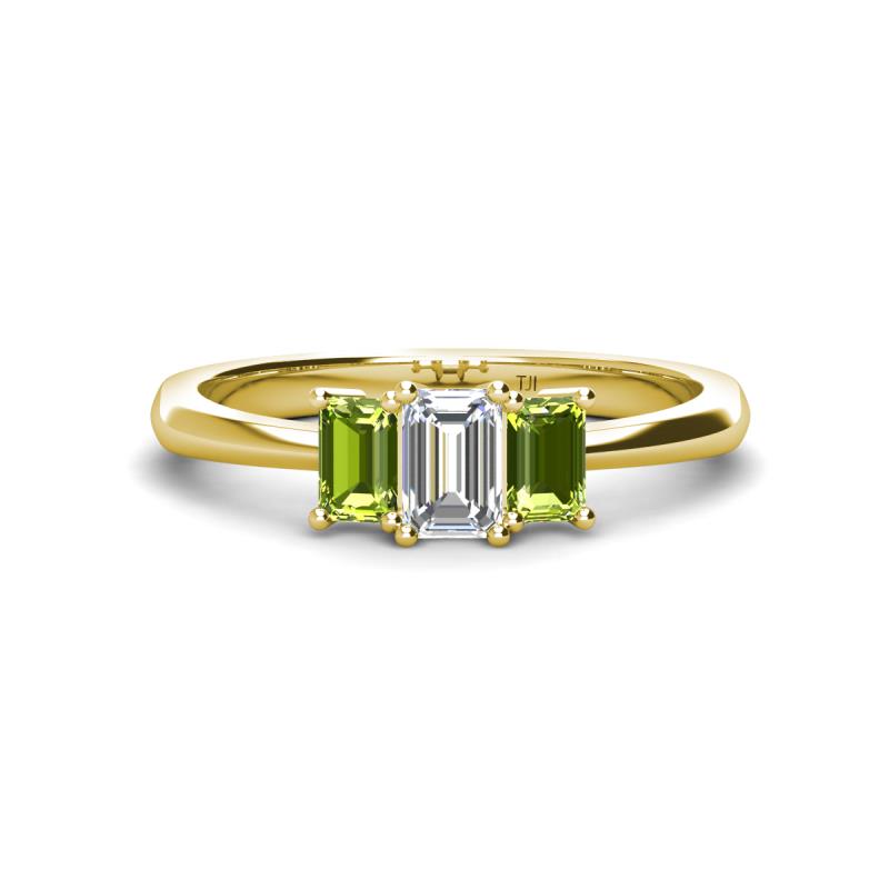 Daria 6x4 mm Emerald Cut Diamond and Peridot Side Gallery Work Three Stone Engagement Ring 