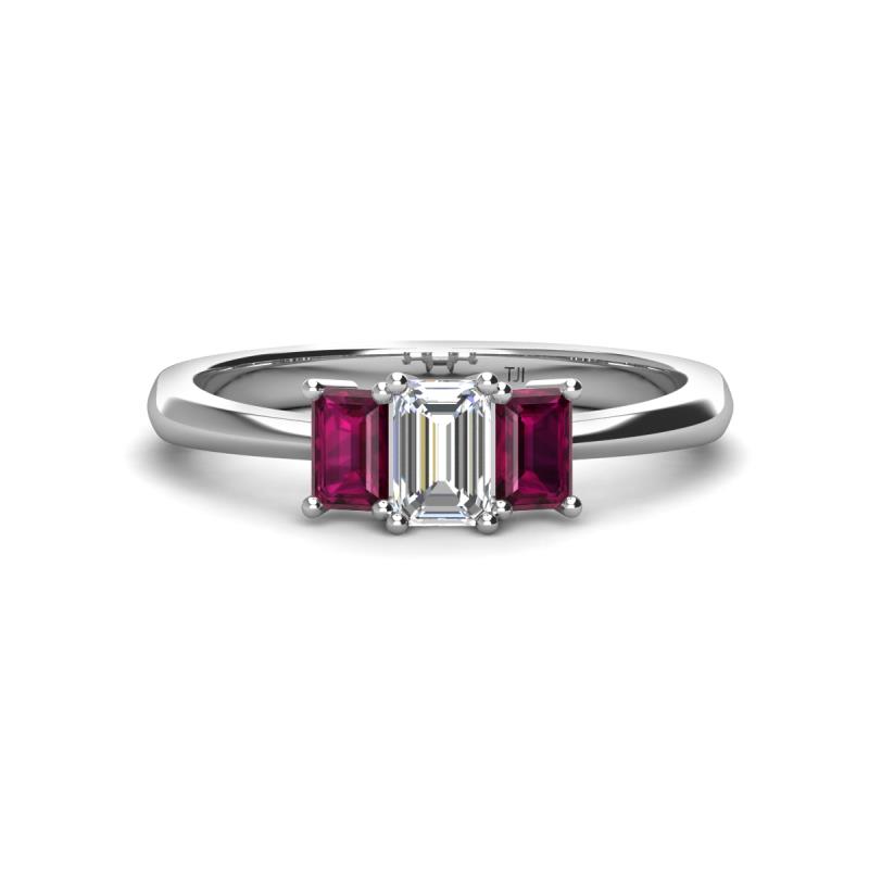 Daria 6x4 mm Emerald Cut Diamond and Rhodolite Garnet Side Gallery Work Three Stone Engagement Ring 