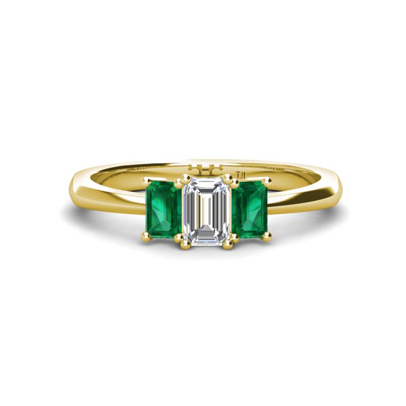Daria 6x4 mm Emerald Cut Diamond and Emerald Side Gallery Work Three Stone Engagement Ring 