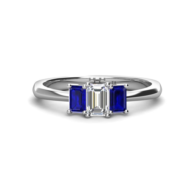 Daria 6x4 mm Emerald Cut Diamond and Blue Sapphire Side Gallery Work Three Stone Engagement Ring 