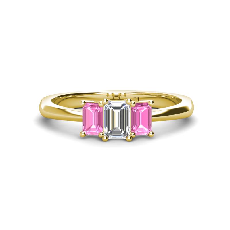 Daria 6x4 mm Emerald Cut Diamond and Pink Sapphire Side Gallery Work Three Stone Engagement Ring 