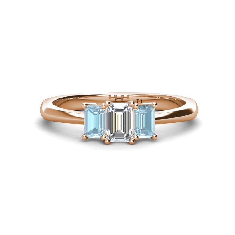 Daria 6x4 mm Emerald Cut Diamond and Aquamarine Side Gallery Work Three Stone Engagement Ring 