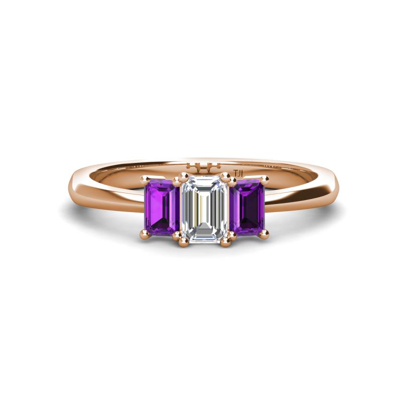Daria 6x4 mm Emerald Cut Diamond and Amethyst Side Gallery Work Three Stone Engagement Ring 