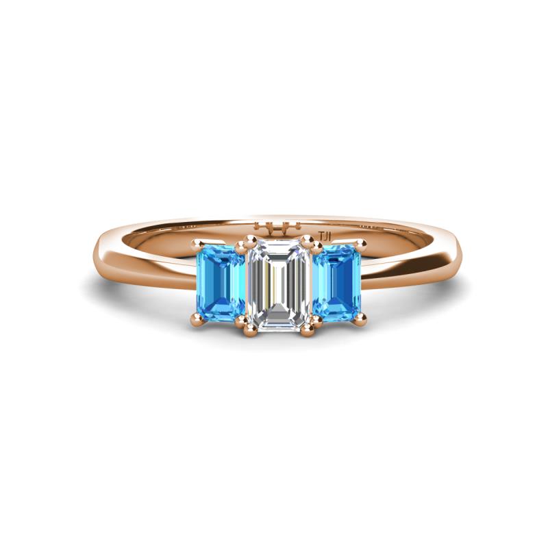 Daria 6x4 mm Emerald Cut Diamond and Blue Topaz Side Gallery Work Three Stone Engagement Ring 