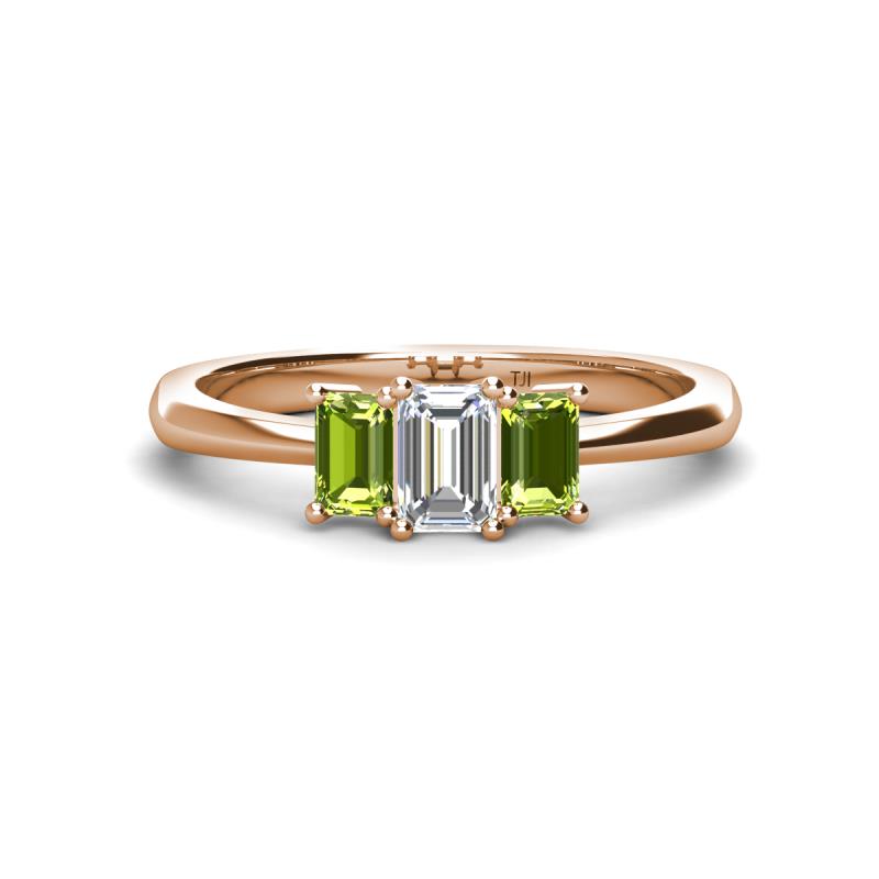 Daria 6x4 mm Emerald Cut Diamond and Peridot Side Gallery Work Three Stone Engagement Ring 