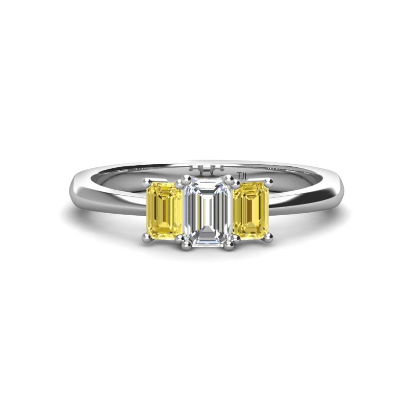 Daria 6x4 mm Emerald Cut Diamond and Yellow Sapphire Side Gallery Work Three Stone Engagement Ring 