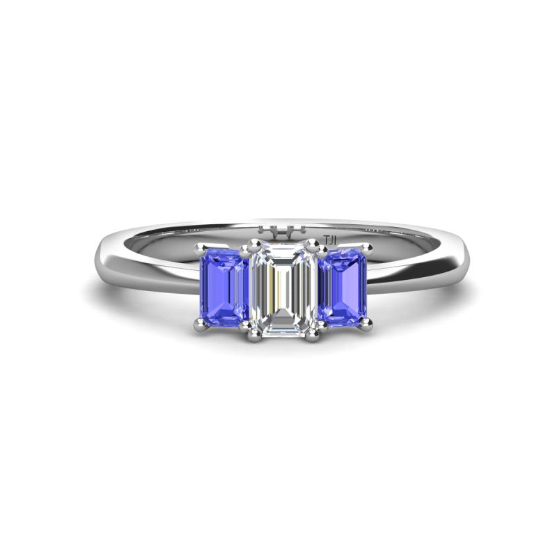 Daria 6x4 mm Emerald Cut Diamond and Tanzanite Side Gallery Work Three Stone Engagement Ring 